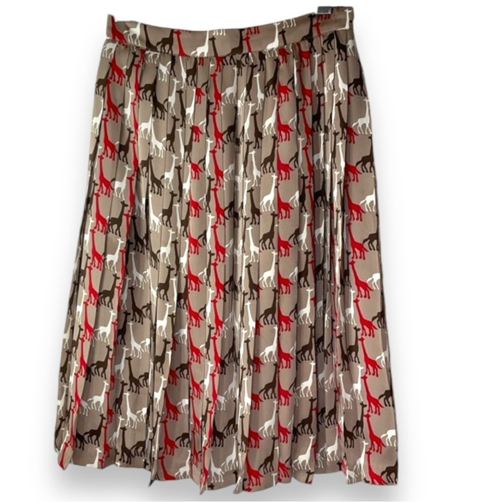Vintage Skirt Giraffe Print Pleated‎ Neutral Tan Red Lined Midi Size Small